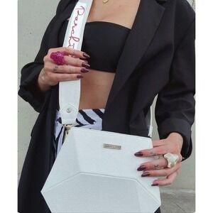 Parchita Simona White Leather Crossbody Bag Wide Strap Belt Bag Signature Strap